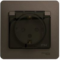 Розетка с заземлением с рамкой Systeme Electric Glossa 1-м. крышка шторки IP44 шоколад картинка